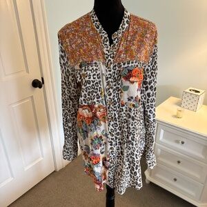 Pilcro by Anthropologie Leopard Print Patchwork Button Down Blouse, Size M
